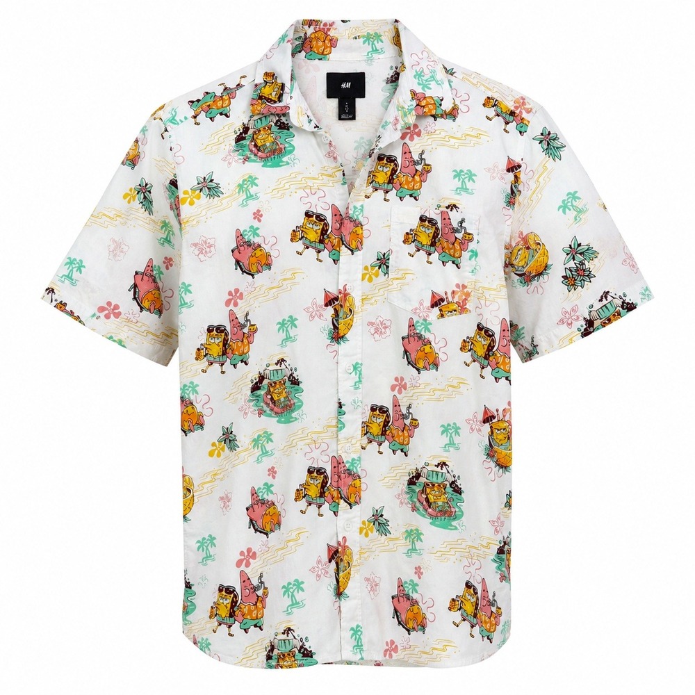 HM Mens SpongeBob SquarePants Patrick Star Tropical Button Up Shirt White Medium
